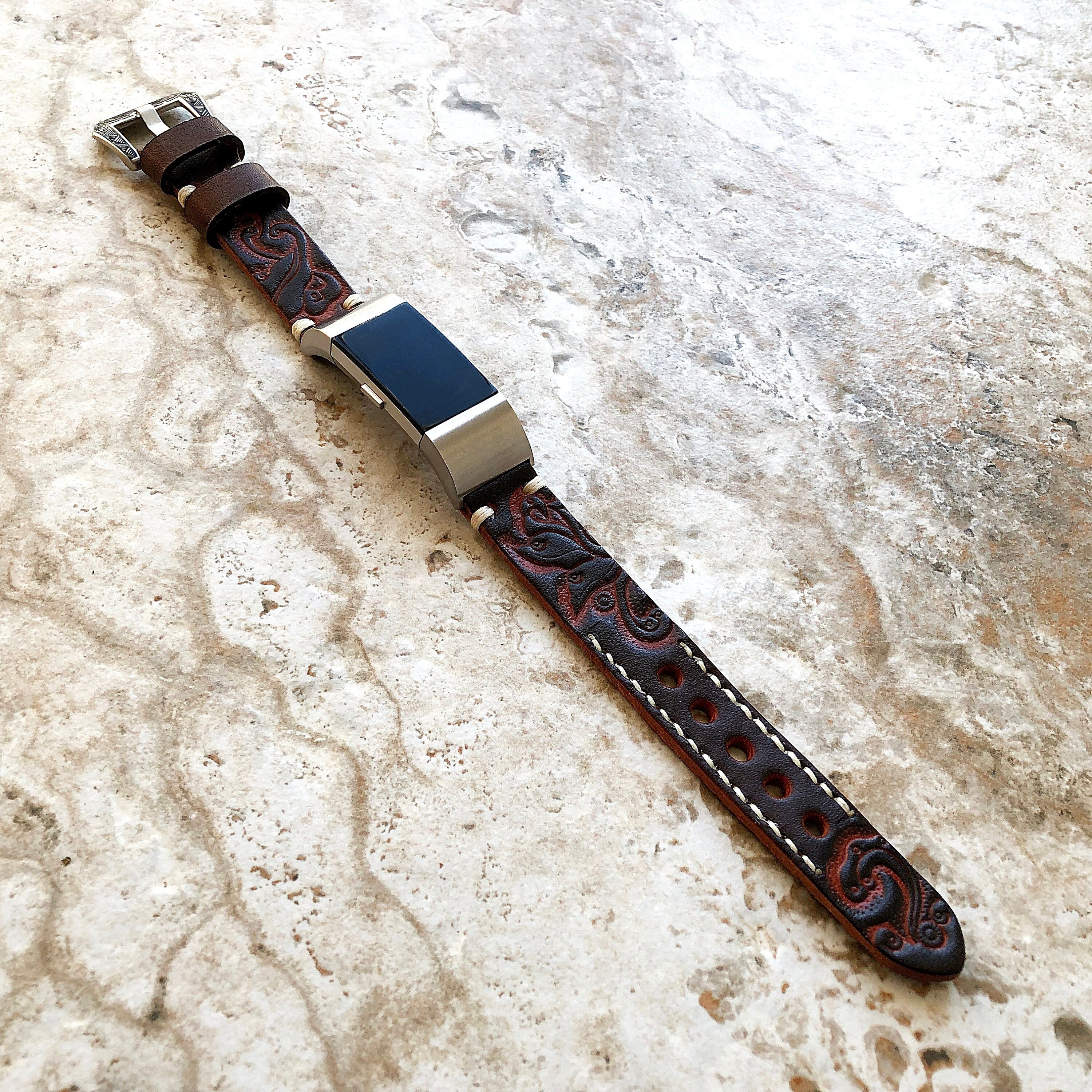 Fitbit Charge 6 5 4 3 Dark Brown Tooled Embossed Handmade Leather Band Strap Bracelet for Fitness Tracker Wristband w Adapters Quick Release